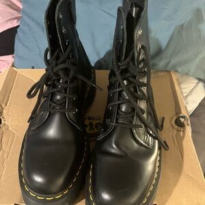 Black Leather Lace-Up Boots with Yellow Stitching. Dr.Martens